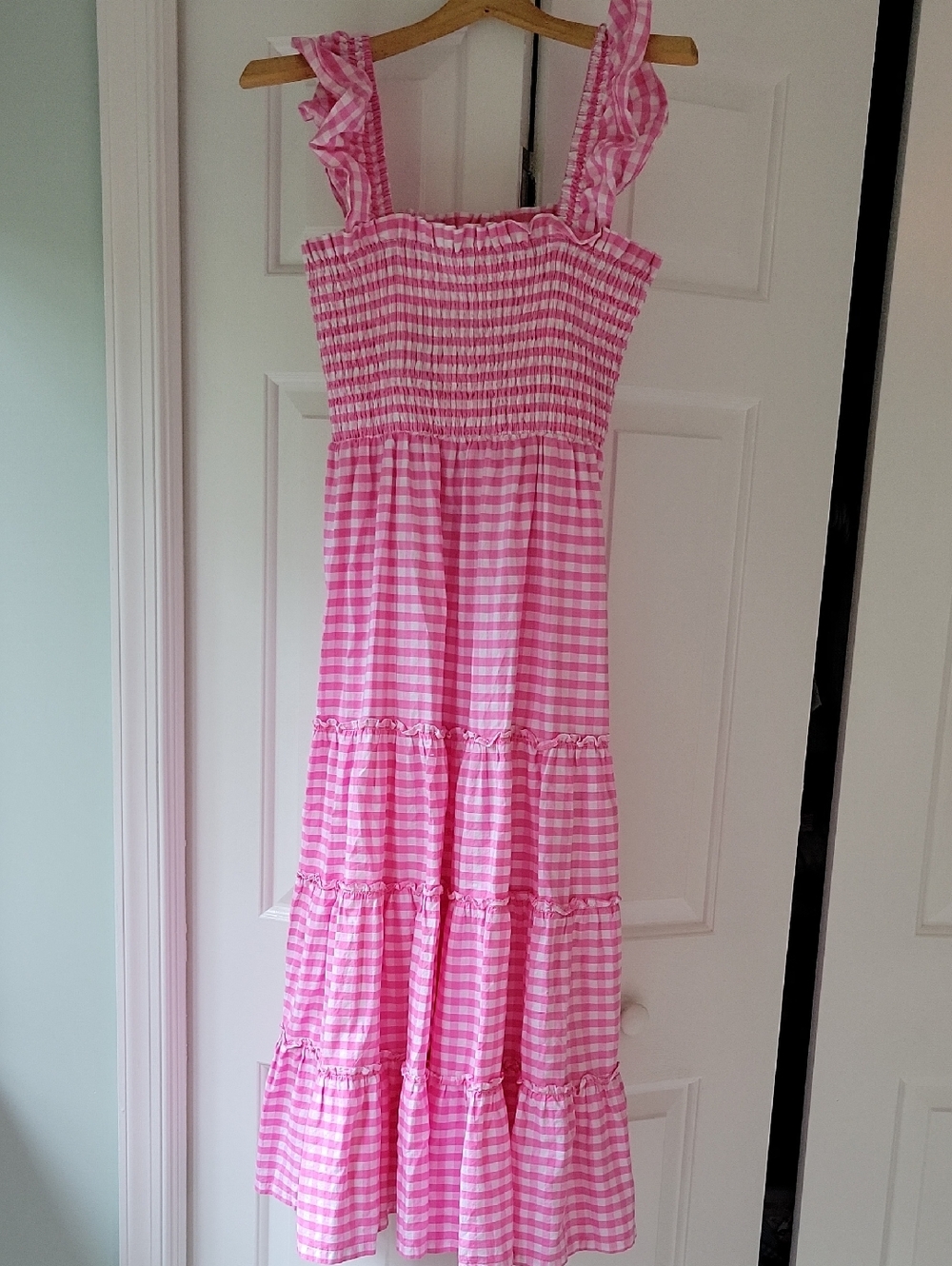 Pink Gingham Smocked Maxi Dress with Ruffle Straps